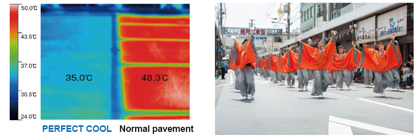 サーモグラフによる路面温度比較 / パーフェクトクールコート施工例（車道 高知県高知市）